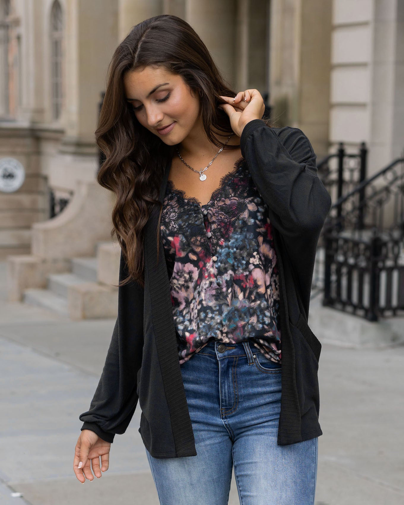 close up styled view of buttery soft black cocoon cardi