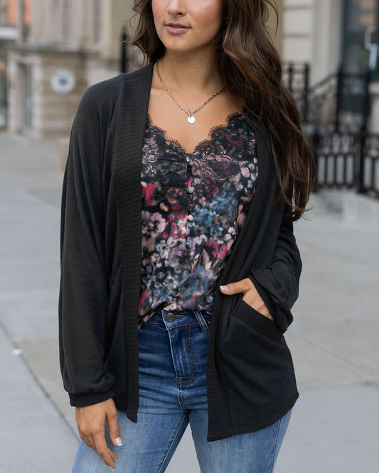 front view of buttery soft black cocoon cardi