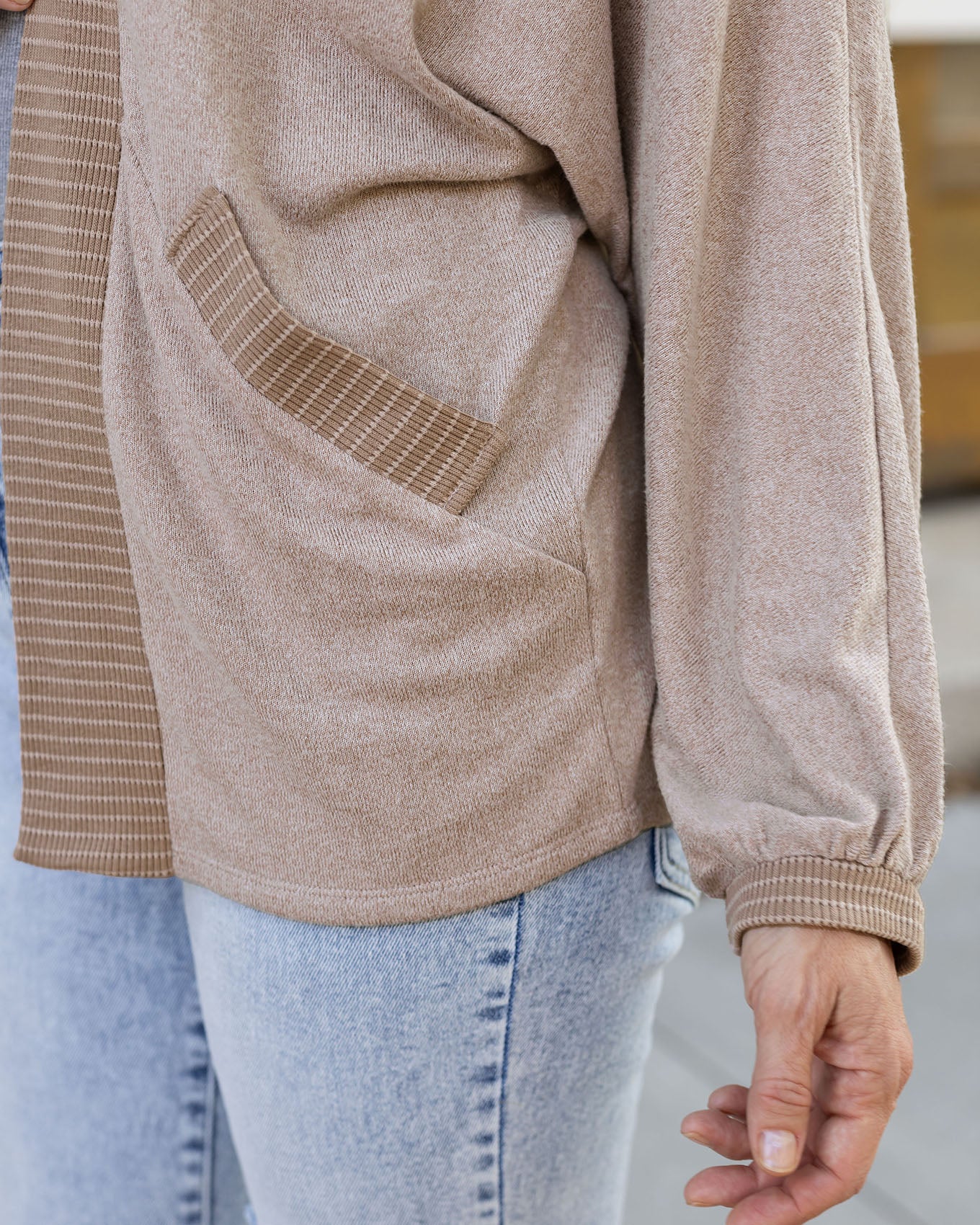close up view of buttery soft blushing fawn cocoon cardi