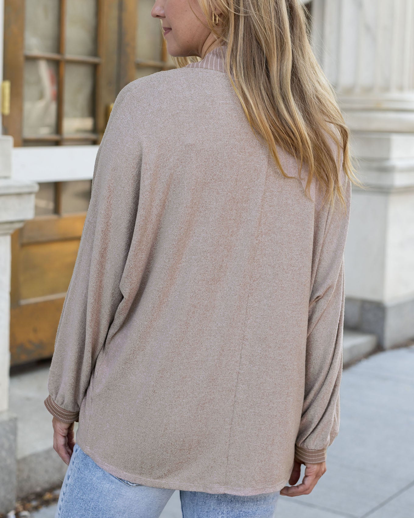 back view of buttery soft blushing fawn cocoon cardi
