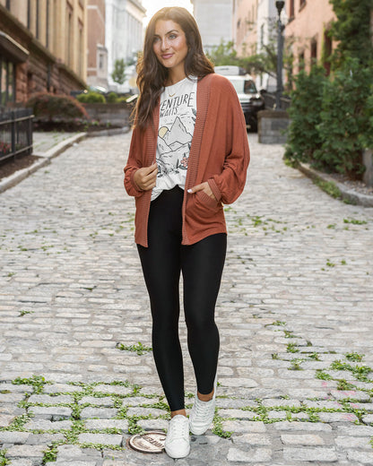 full body view of buttery soft cinnamon cocoon cardi