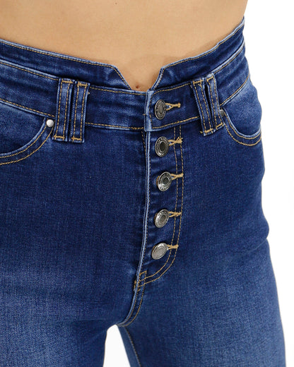 close up view stock shot of button fly flare denim
