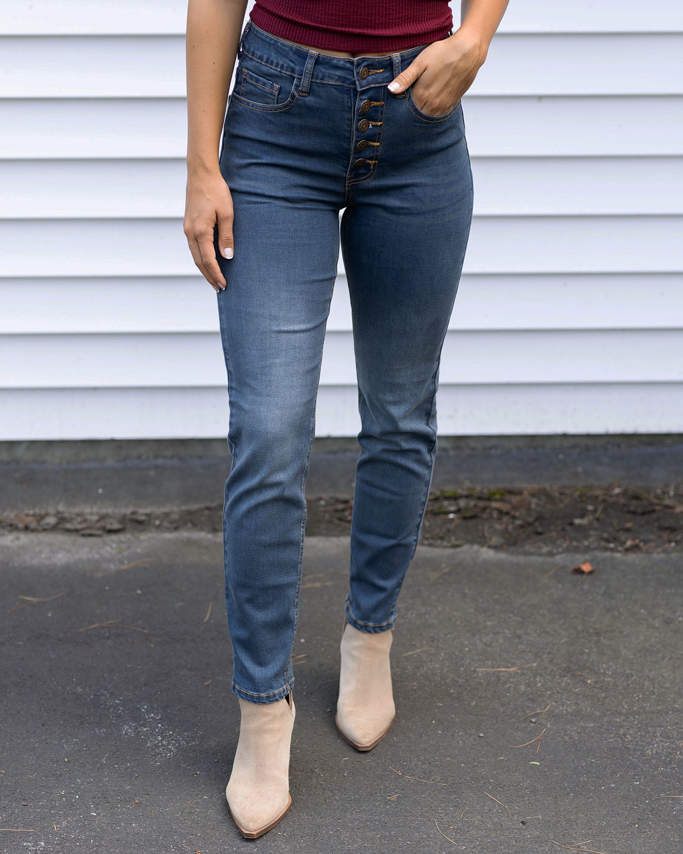 Button Fly Repurposed Slim Straight Leg Denim - Vintage Mid-Wash / 8 ...