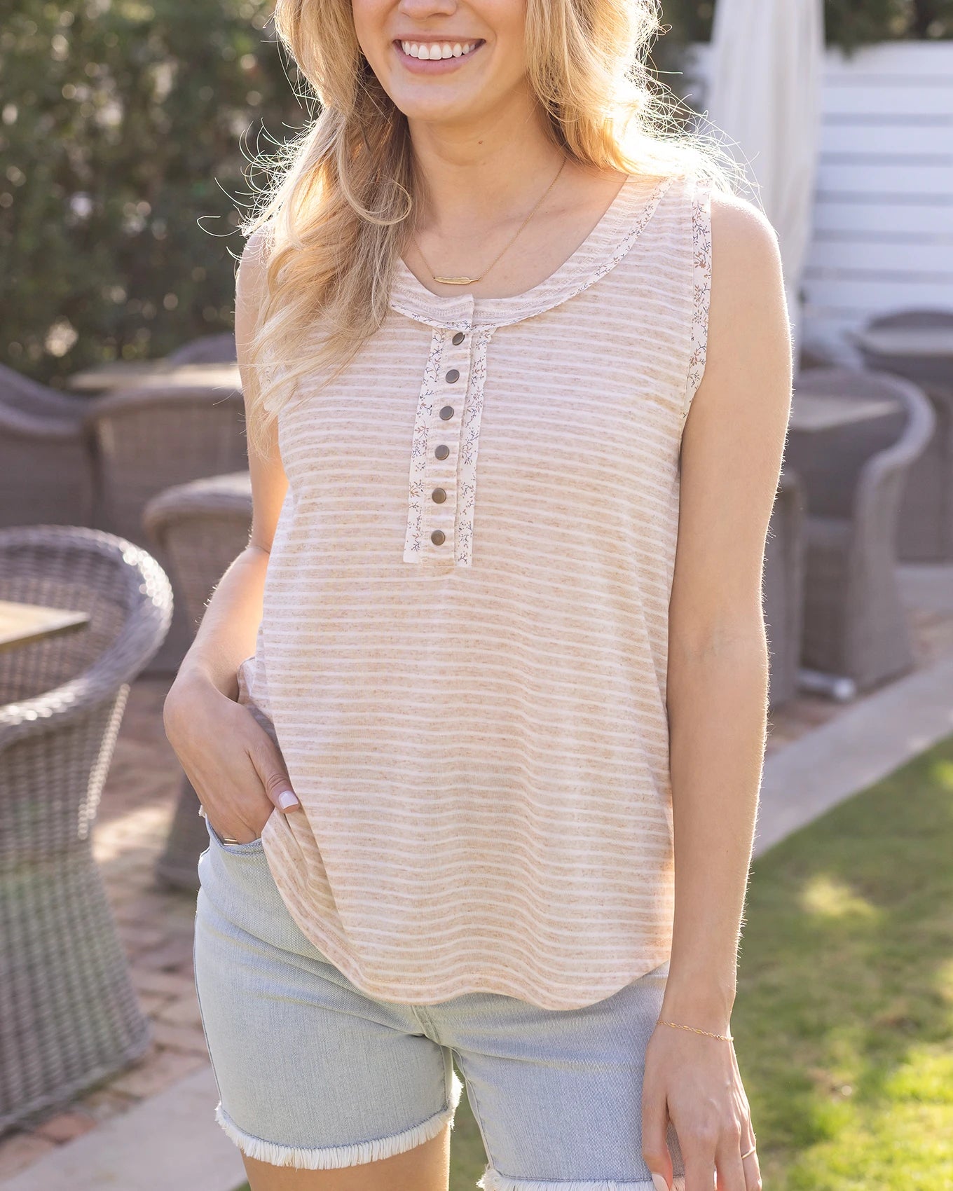 Natural Stripe Snap Up Henley Tank Top - Grace and Lace
