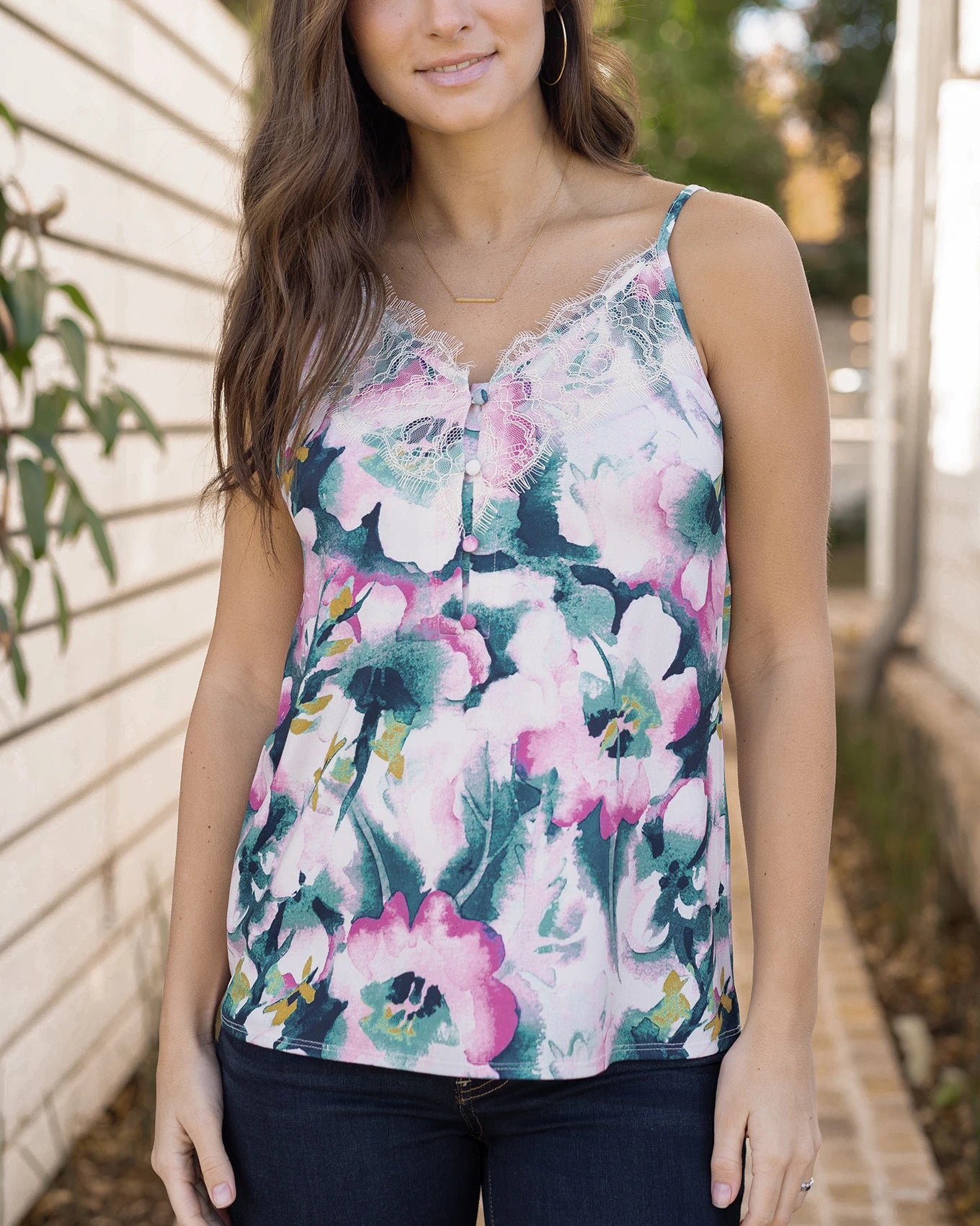 Button Lace Trim Cami in Watercolor Floral - FINAL SALE - Grace Button Lace Trim Cami in Watercolor Floral - FINAL SALE - Grace
