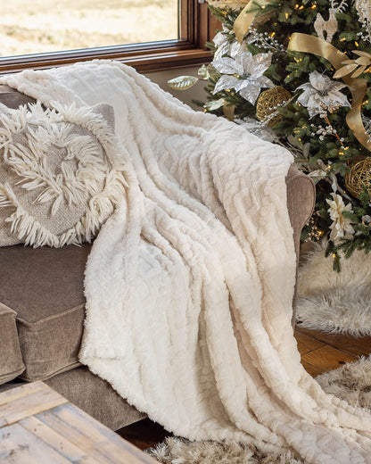 Full view of Winter White Cabled Sherpa Blanket