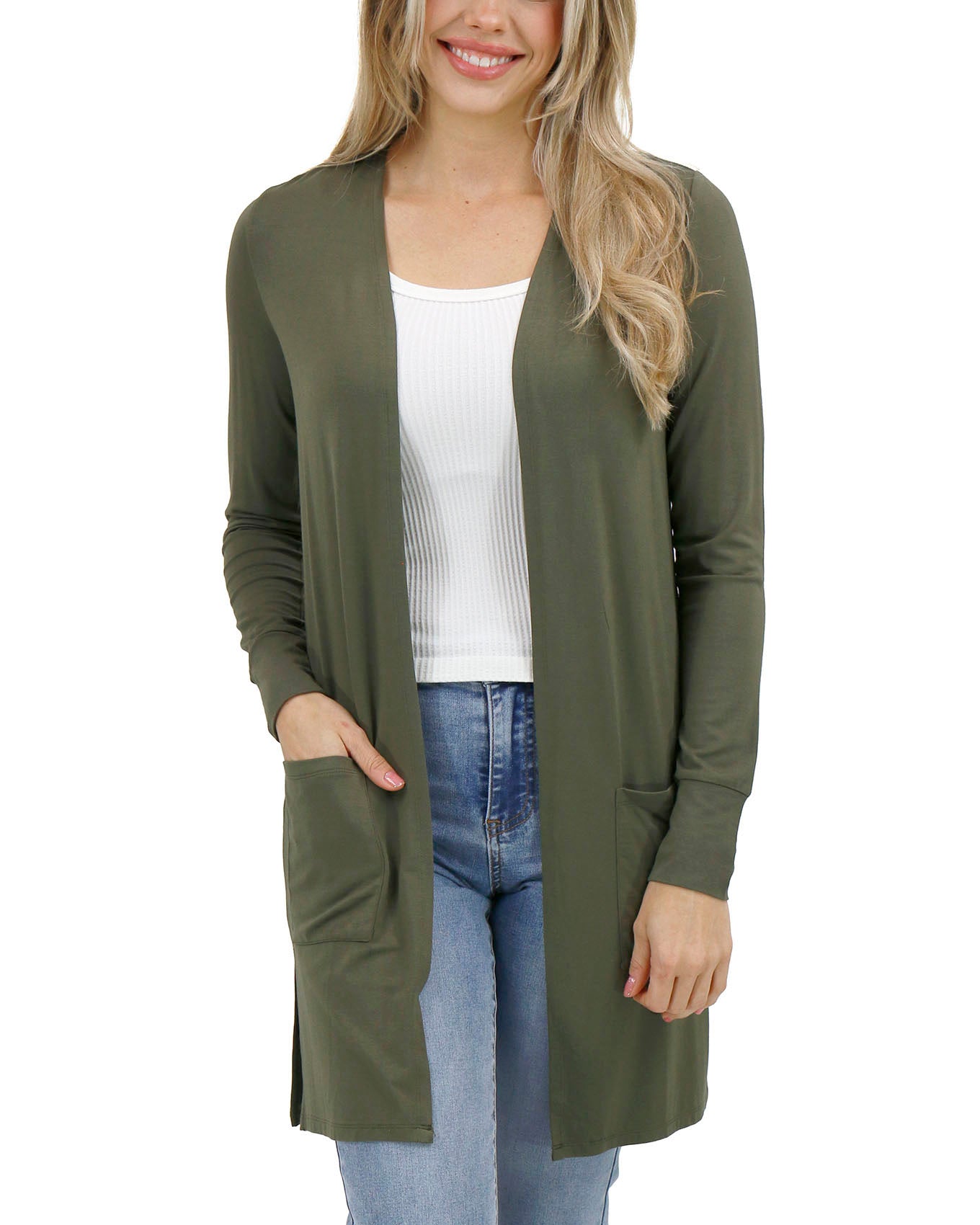 Front stock shot of Olive Casual Day Modal Cardigan