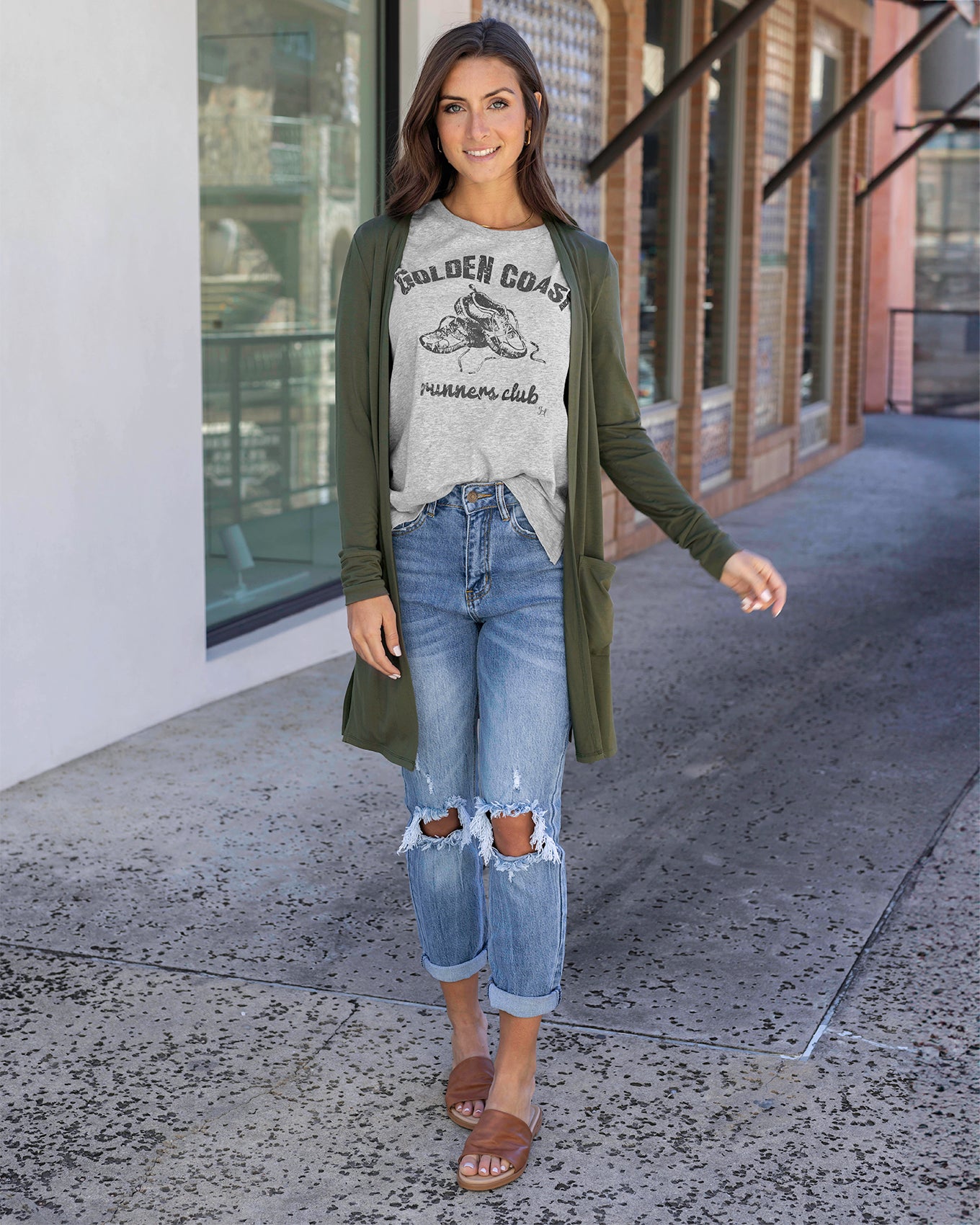 Full Styled view of Mid-Wash Distressed High Rise Girlfriend Jeans