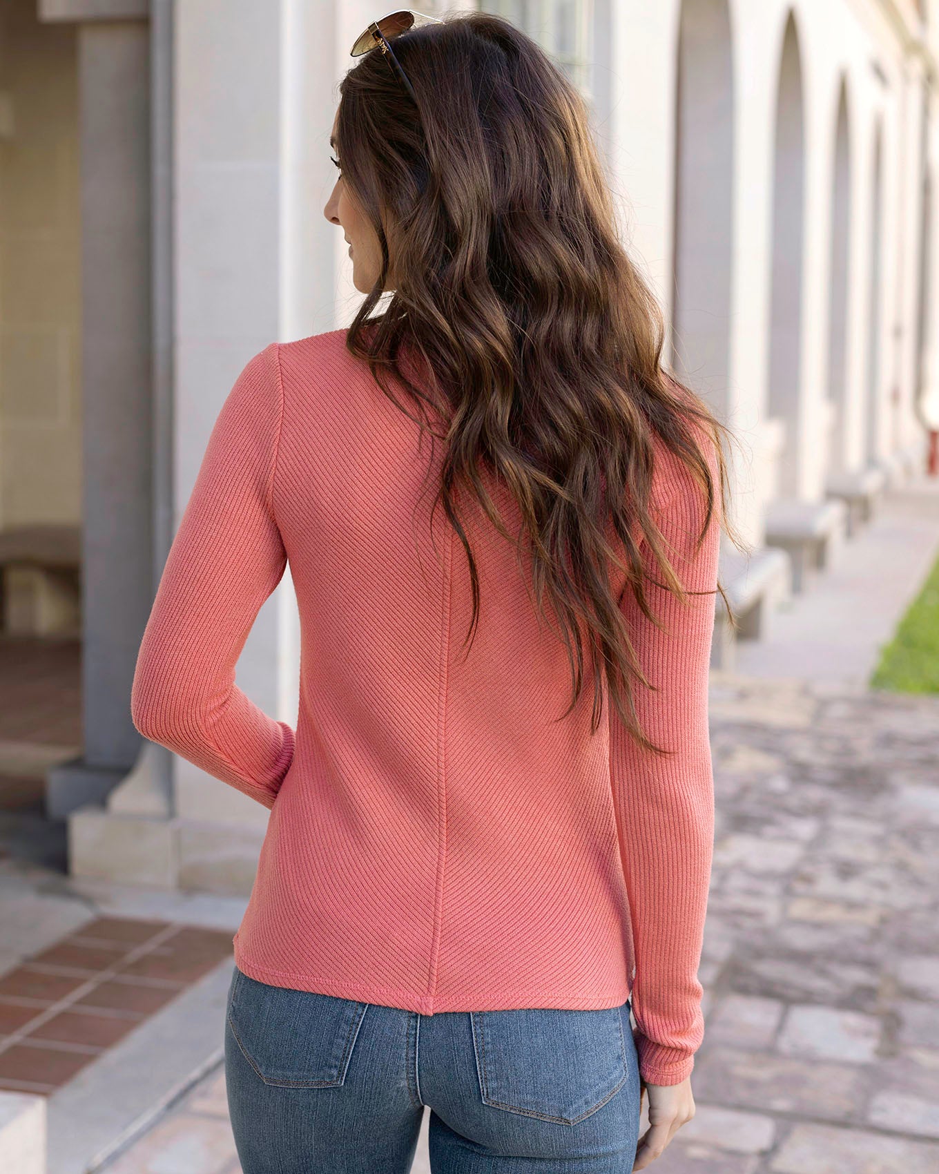 Back view of Lantana Bloom Chic Spring Ribbed Sweater