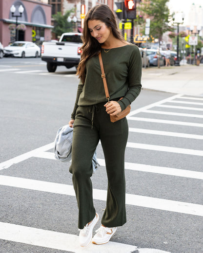 Styled view of Winter Moss Classic and Cozy Ribbed Sweater Pants