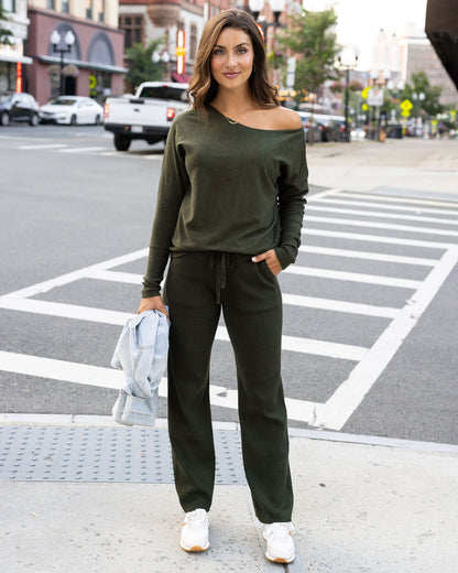 Full styled view of Winter Moss Classic and Cozy Ribbed Sweater Pants