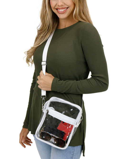 front view of clear stadium bag with white trim