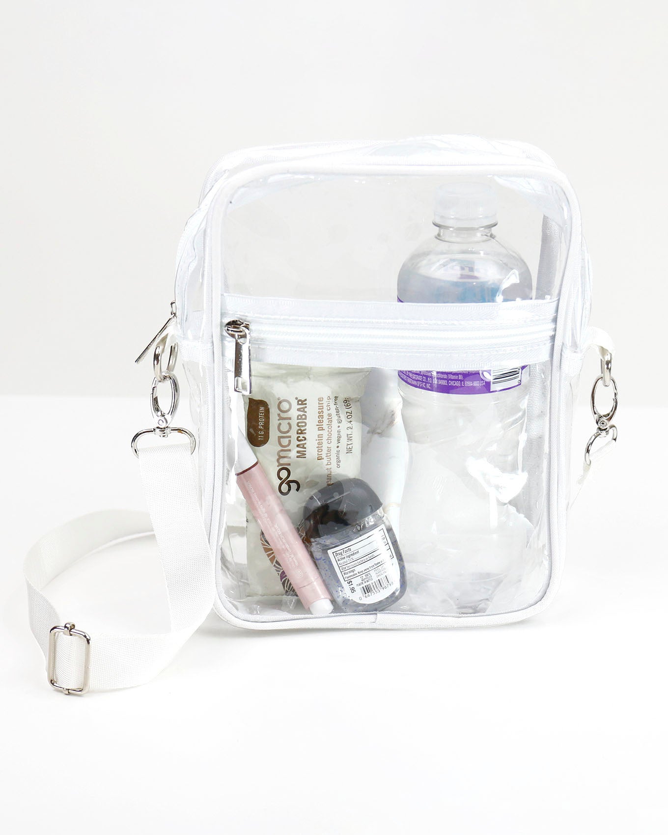 front view of clear stadium bag with white trim