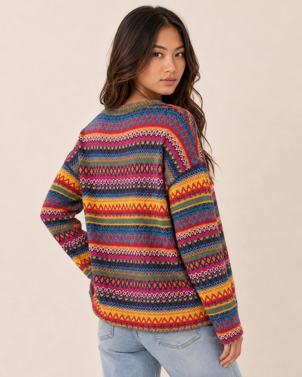Side view of a woman wearing a multicolor striped knit pullover sweater with light wash straight-leg jeans on a beige background