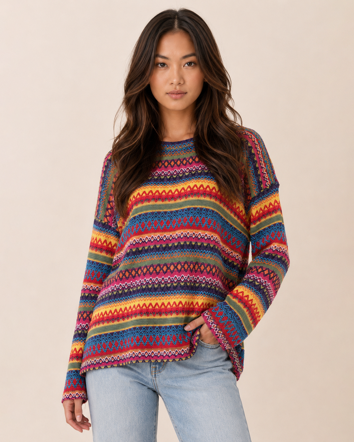 Front view of a woman wearing a multicolor striped knit pullover sweater with light wash straight-leg jeans on a beige background