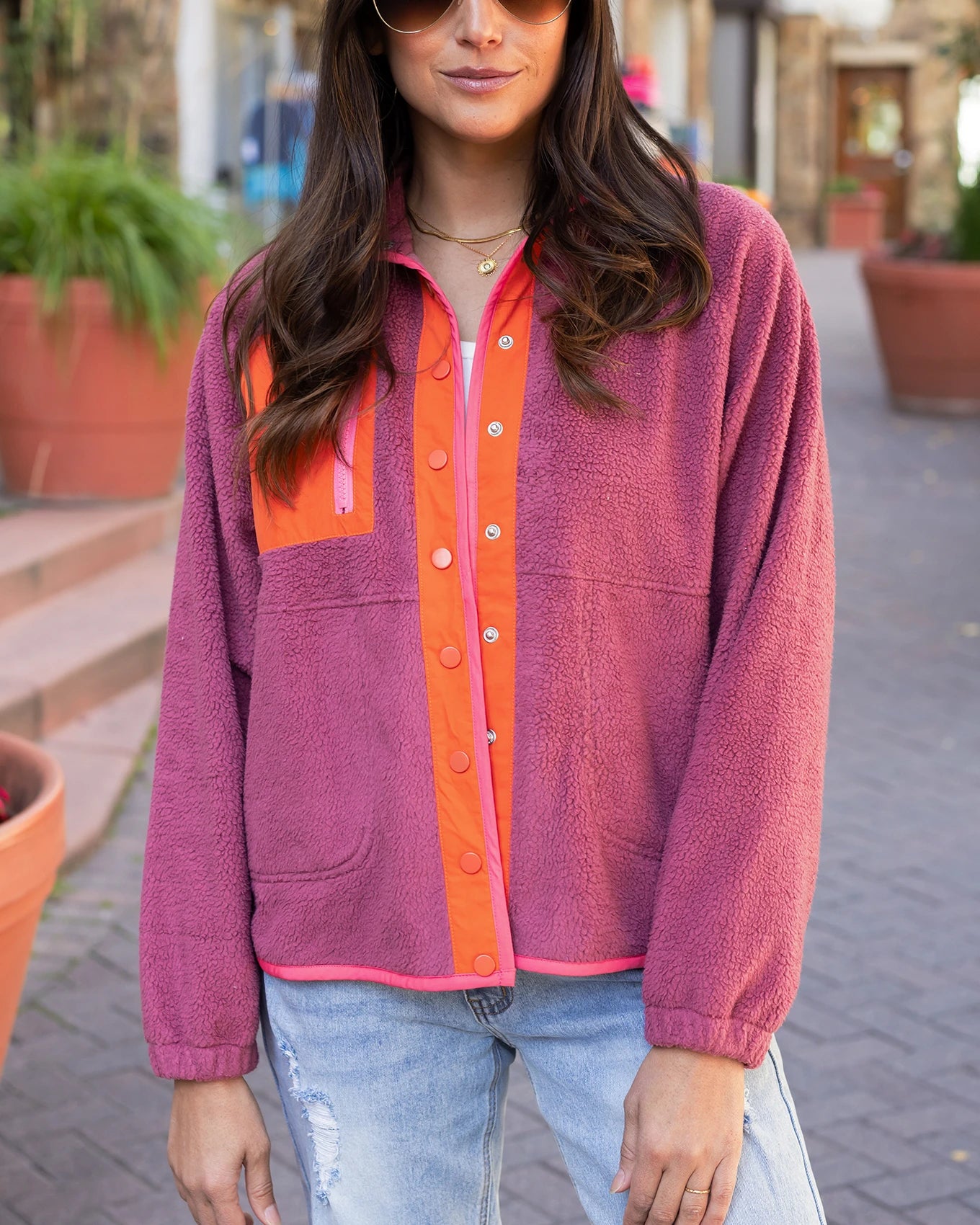 Berry/Orange Colorblock Fleece Jacket - Grace and Lace