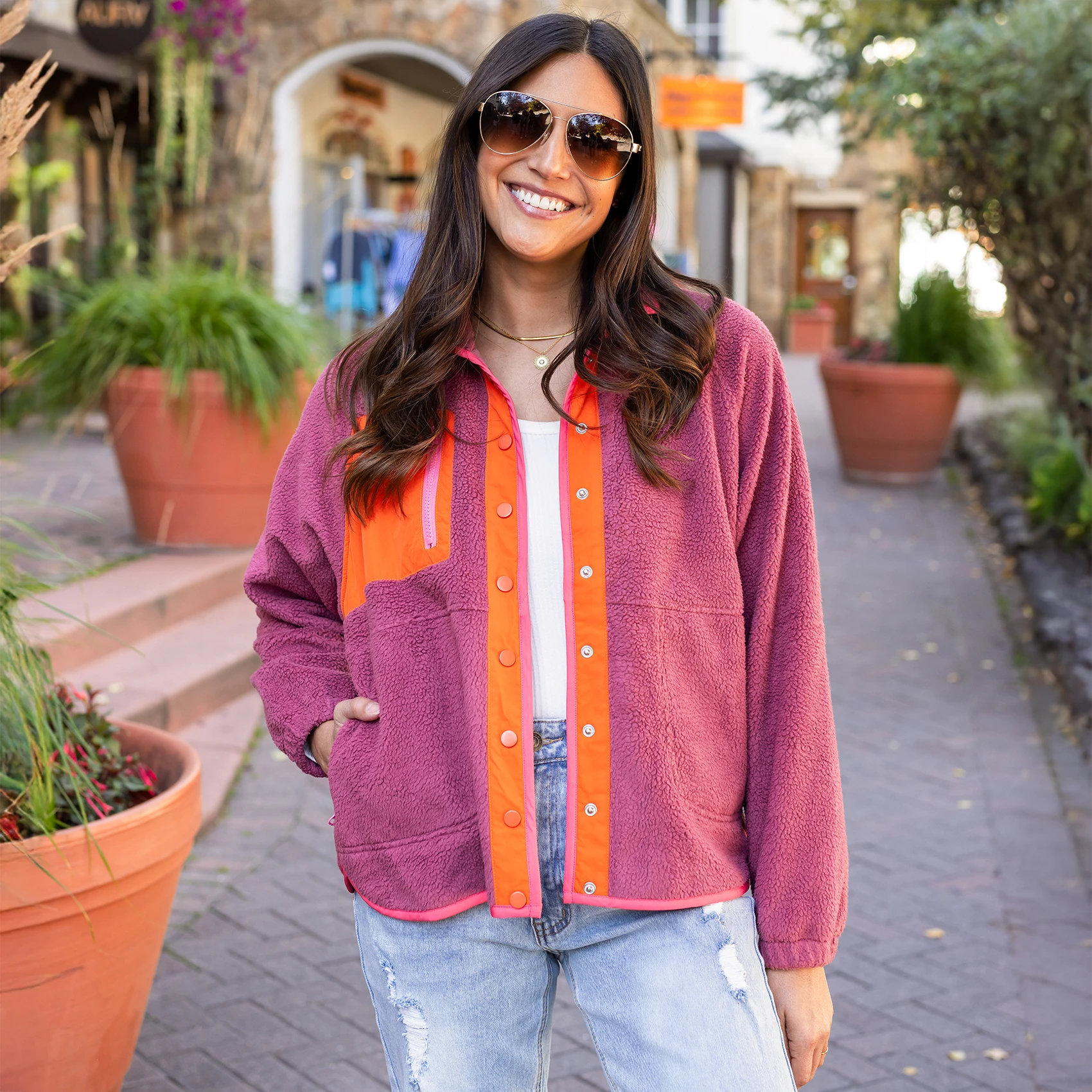 Berry/Orange Colorblock Fleece Jacket - Grace and Lace Berry/Orange Colorblock Fleece Jacket - Grace and Lace