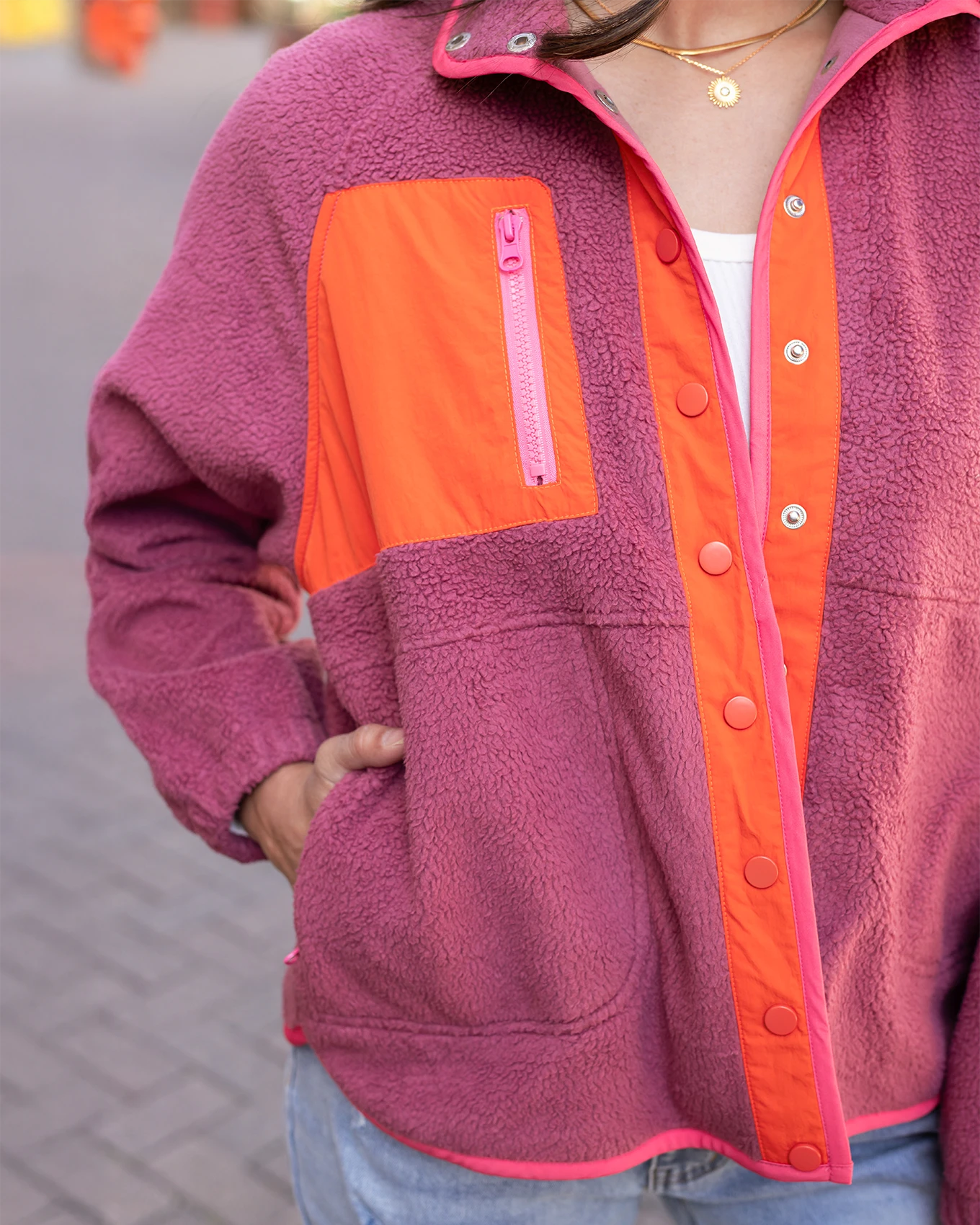 Berry/Orange Colorblock Fleece Jacket - Grace and Lace Berry/Orange Colorblock Fleece Jacket - Grace and Lace