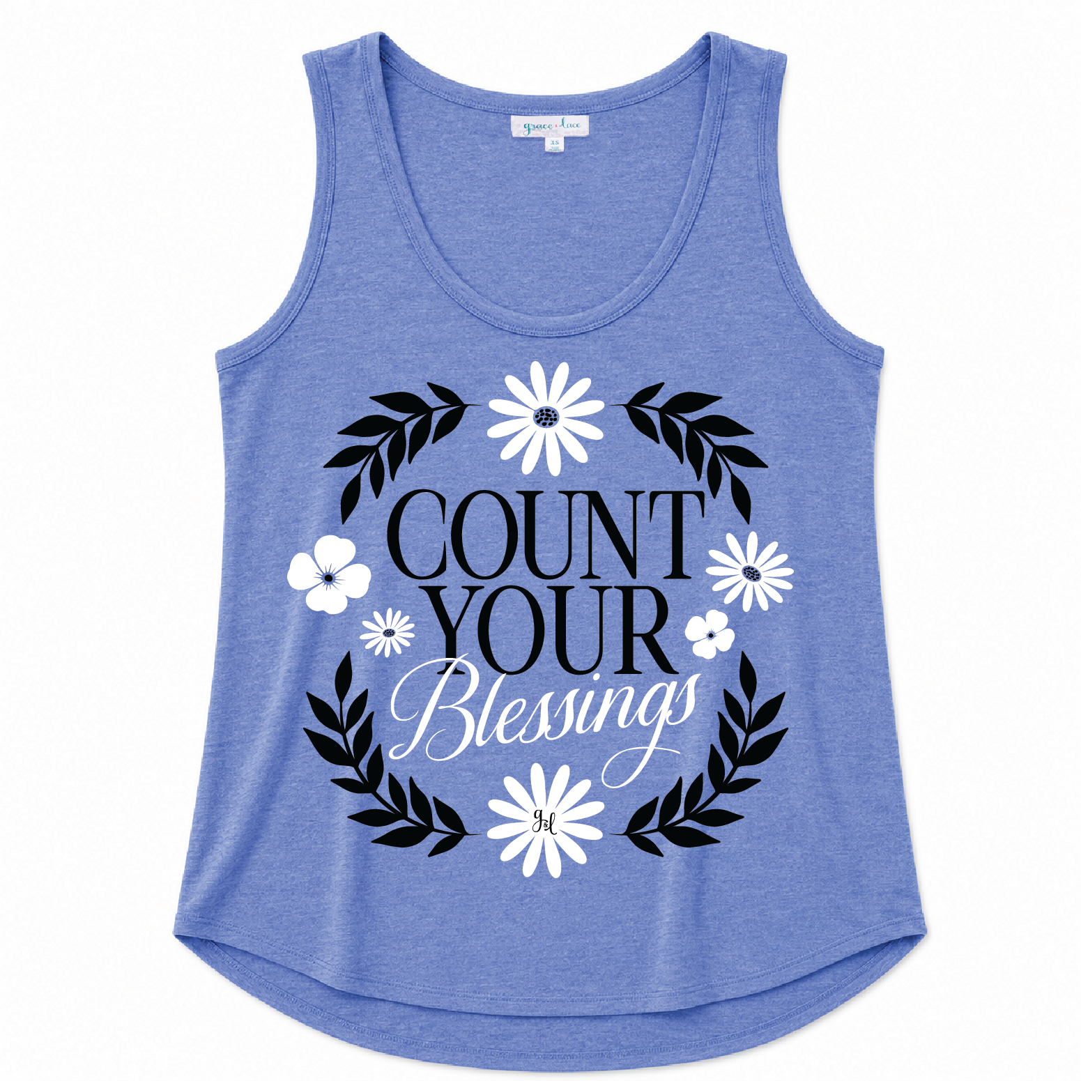 Blue scoop neck tank top featuring a "Count Your Blessings" floral graphic on a white background