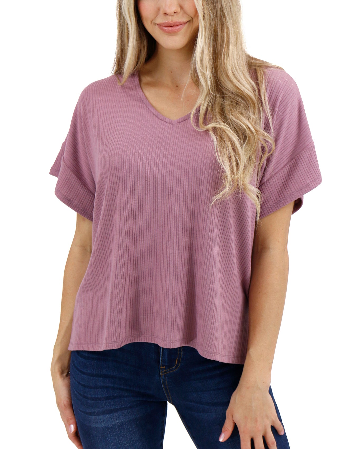 Front stock shot of Dark Lilac Coziest Dolman Lounge Top