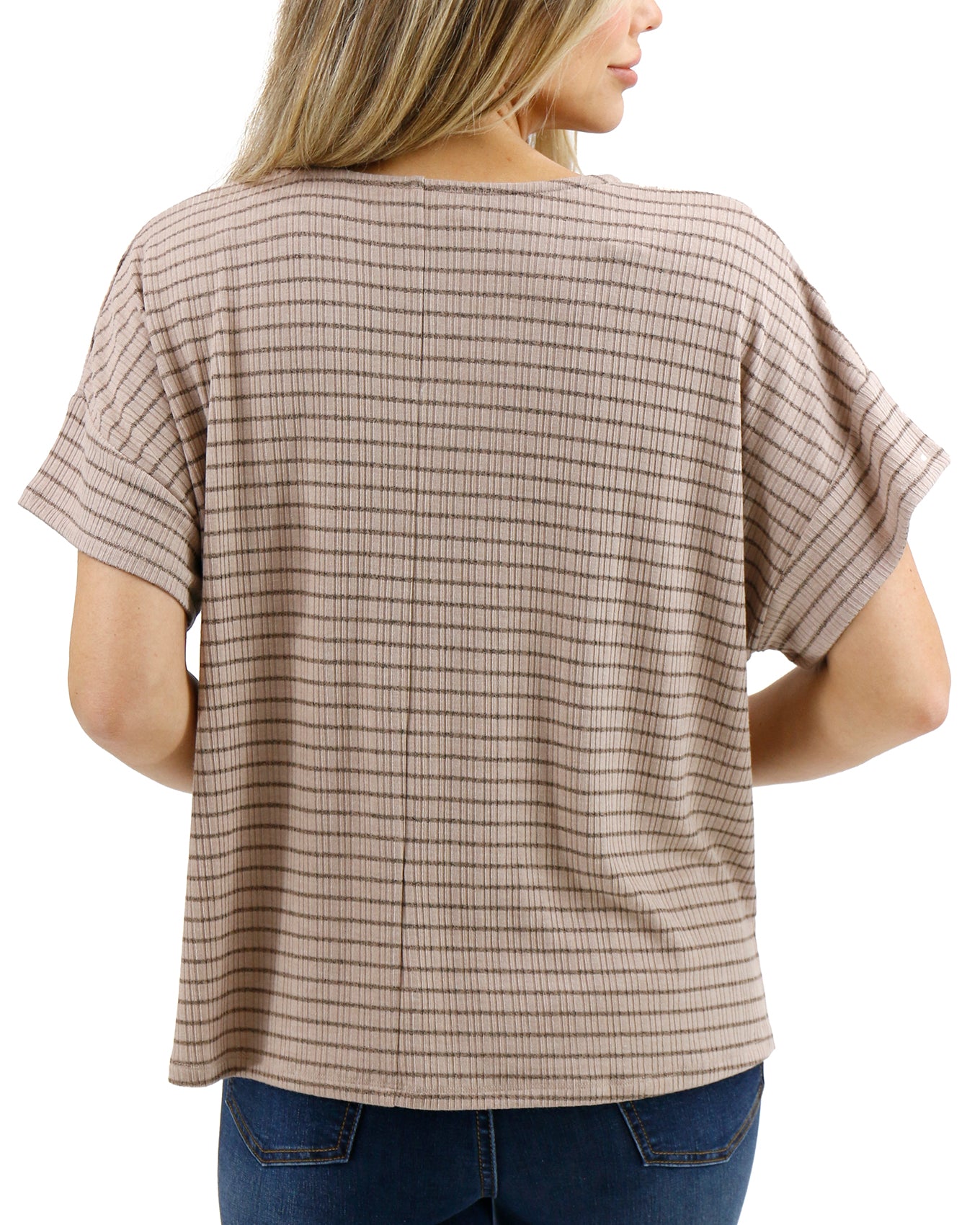 Back stock shot of Tan/Black Stripe Coziest Dolman Lounge Top