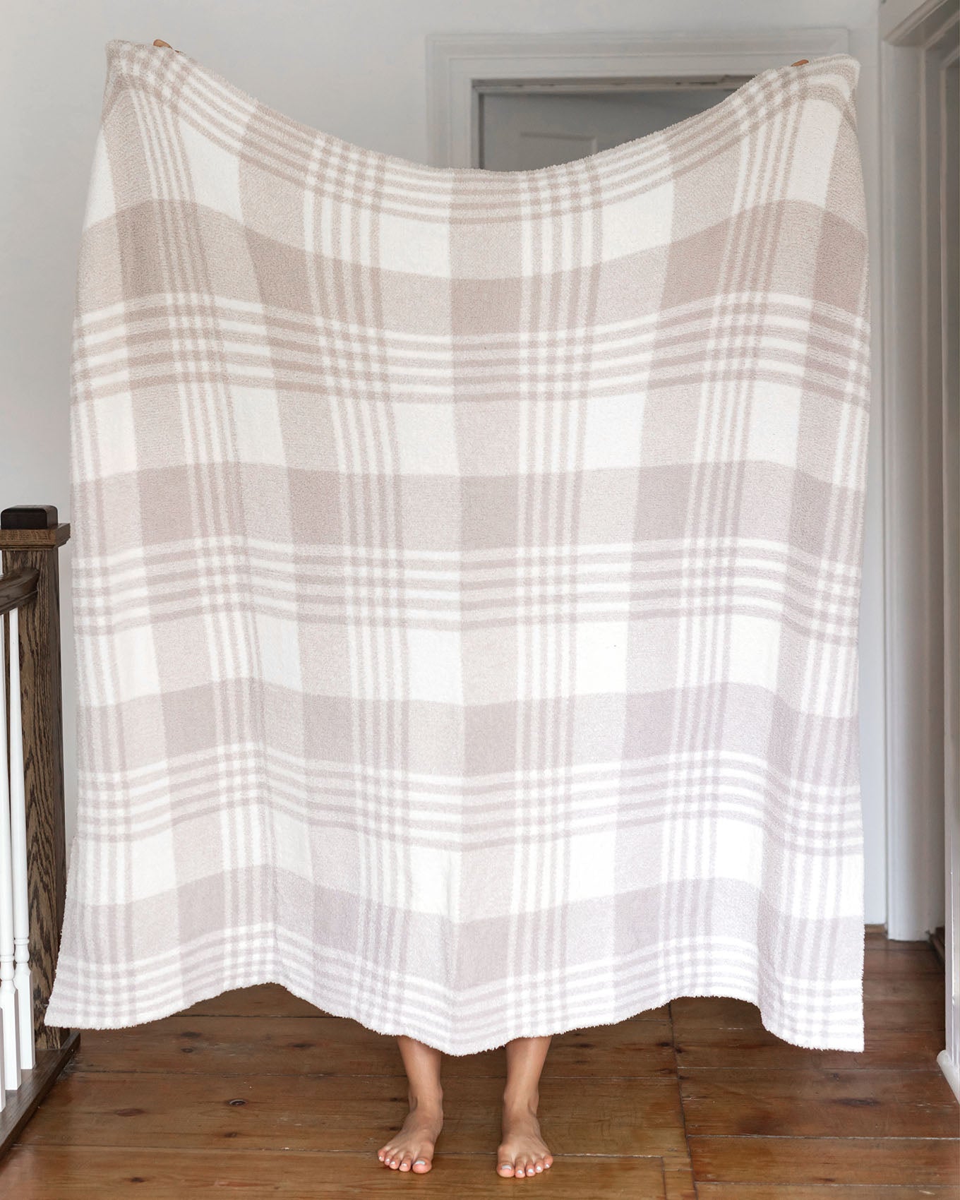 full view of neutral plaid blanket