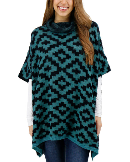 Front view stock shot of Teal Aztec Cozy Cowl Neck Pullover