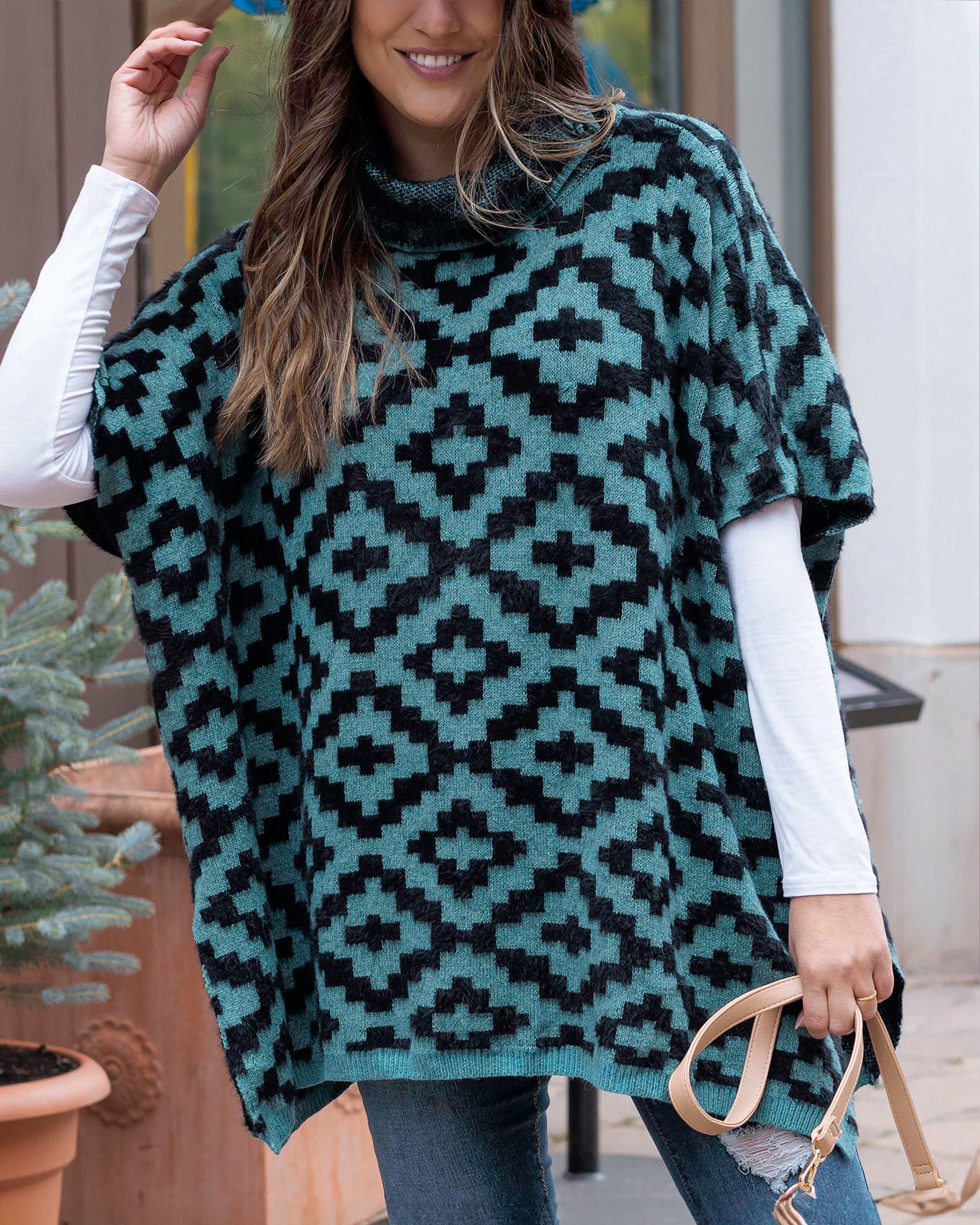 Front view of Teal Aztec Cozy Cowl Neck Pullover