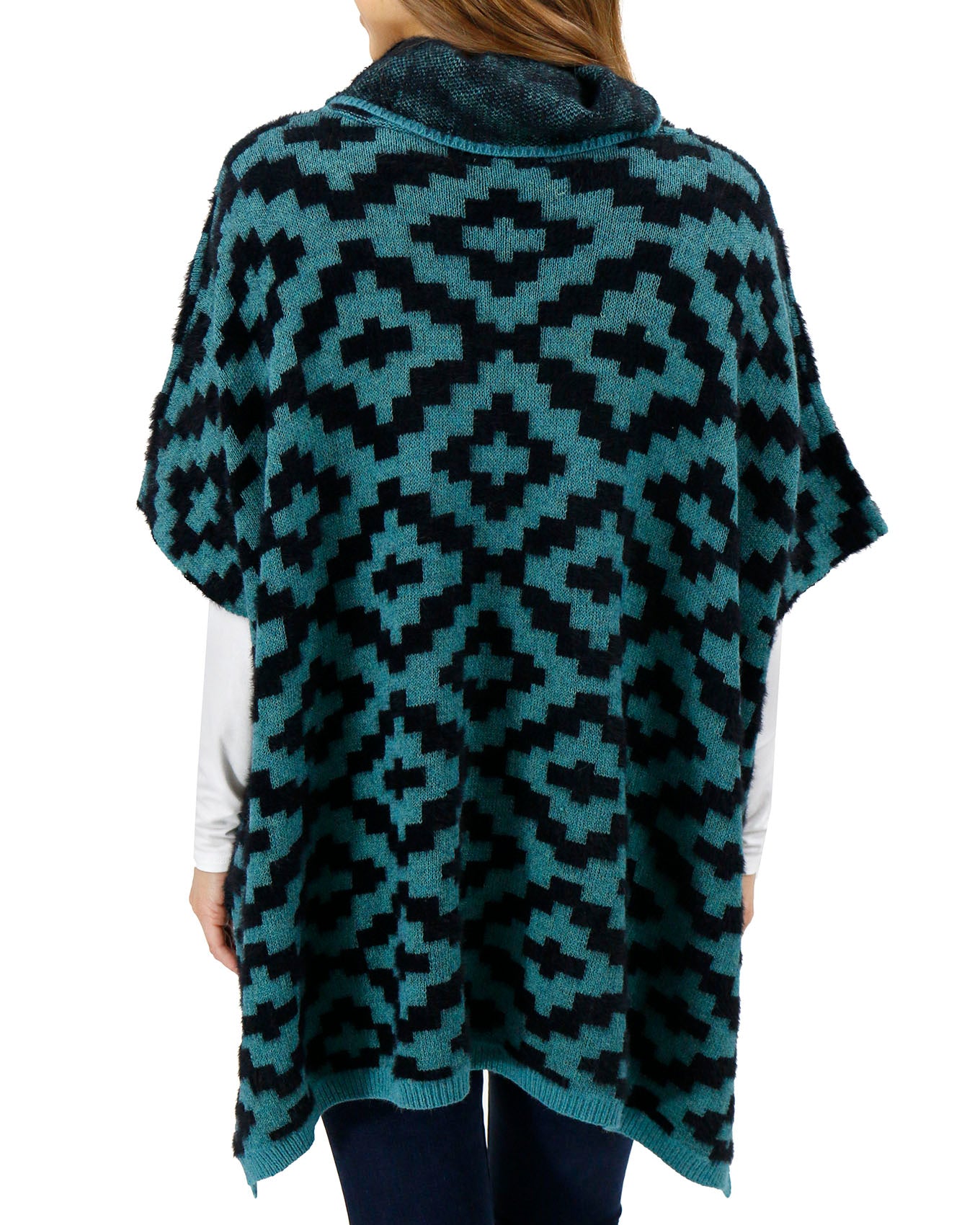 Back view stock shot of Teal Aztec Cozy Cowl Neck Pullover