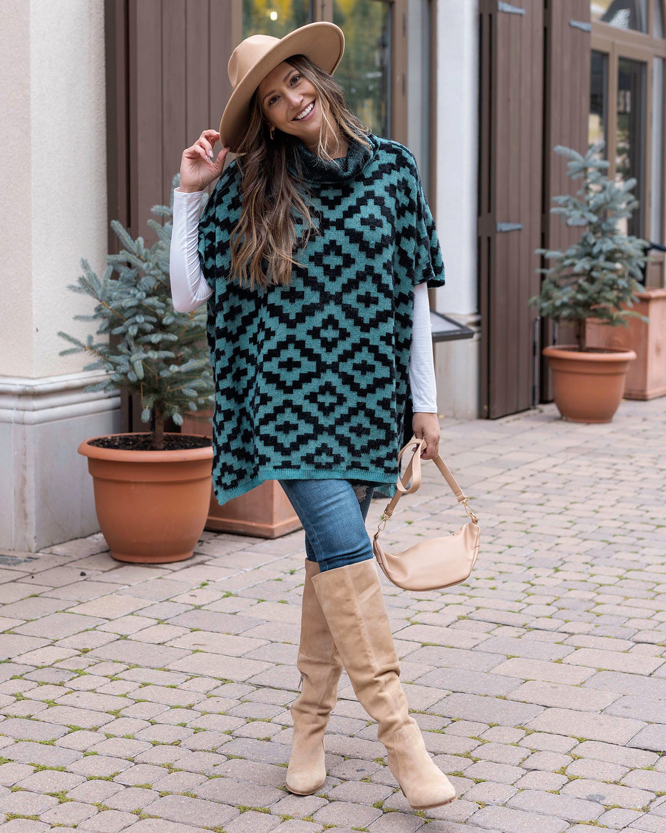 Styled view of Teal Aztec Cozy Cowl Neck Pullover