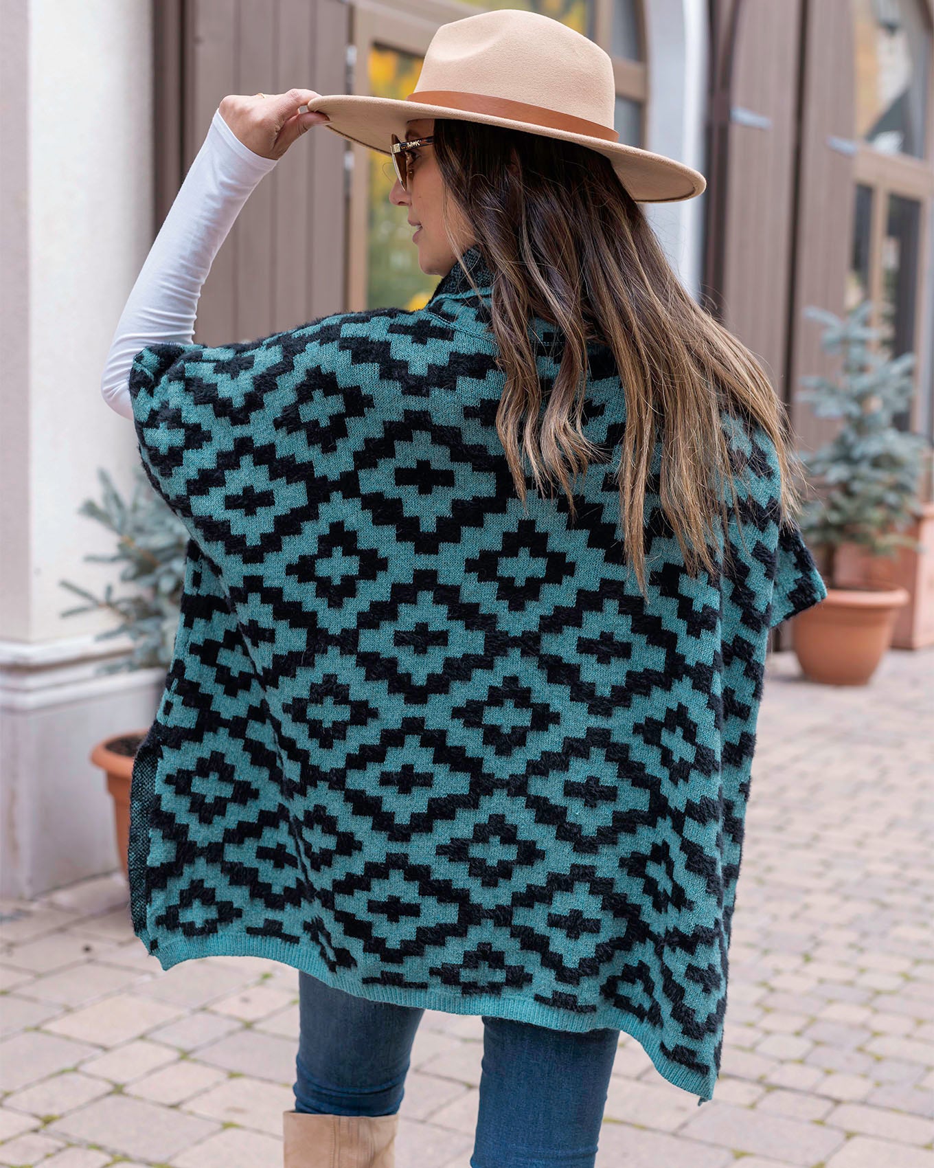 Back view of Teal Aztec Cozy Cowl Neck Pullover