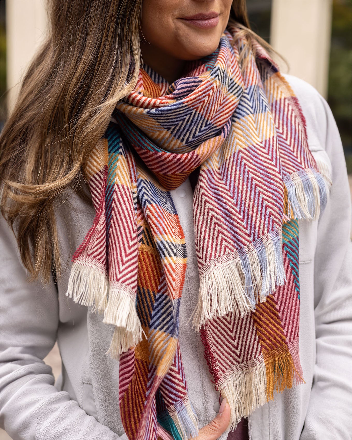 front view of cranberry plaid scarf