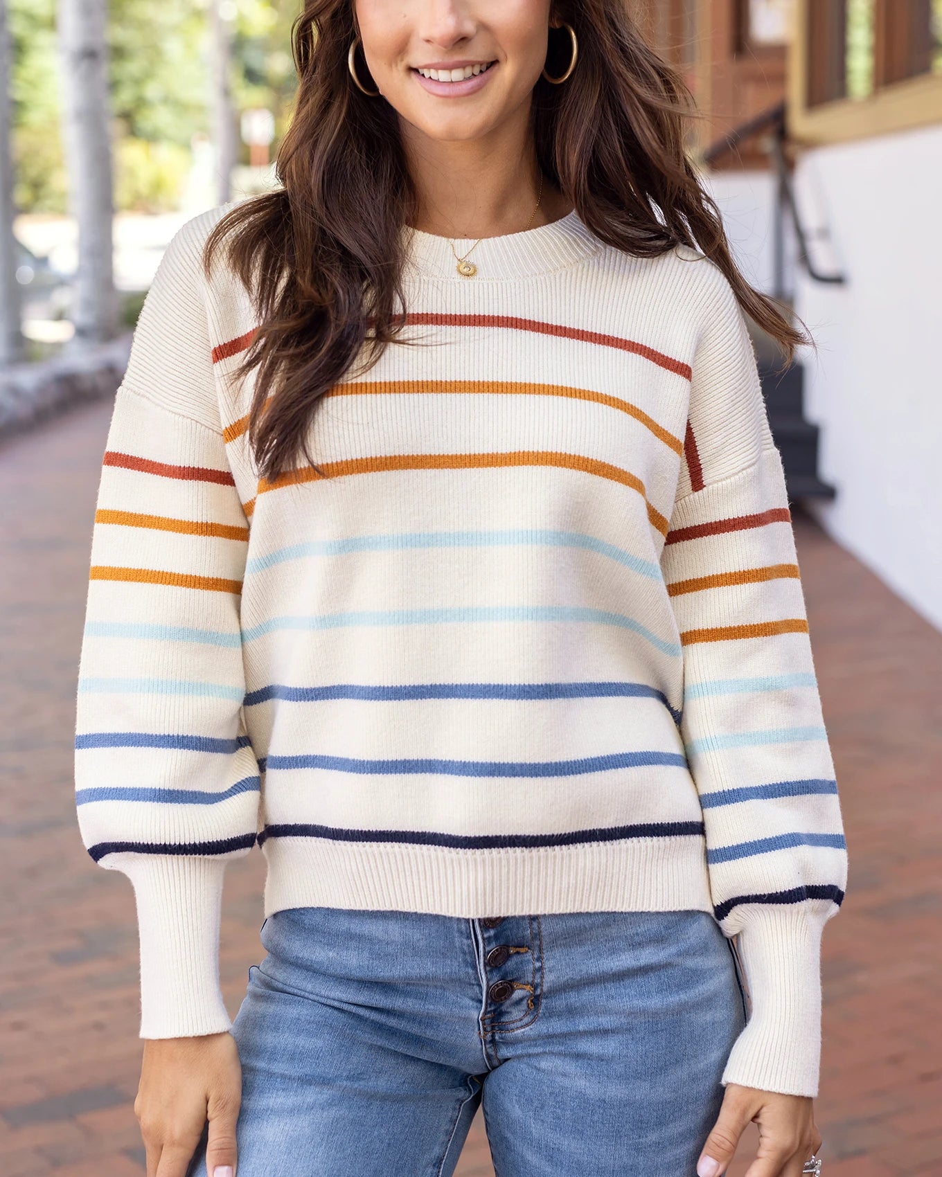 Crew Neck Ivory Multi Striped Sweater Grace and Lace