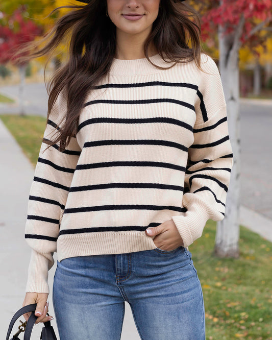 front view of crew neck striped sweater