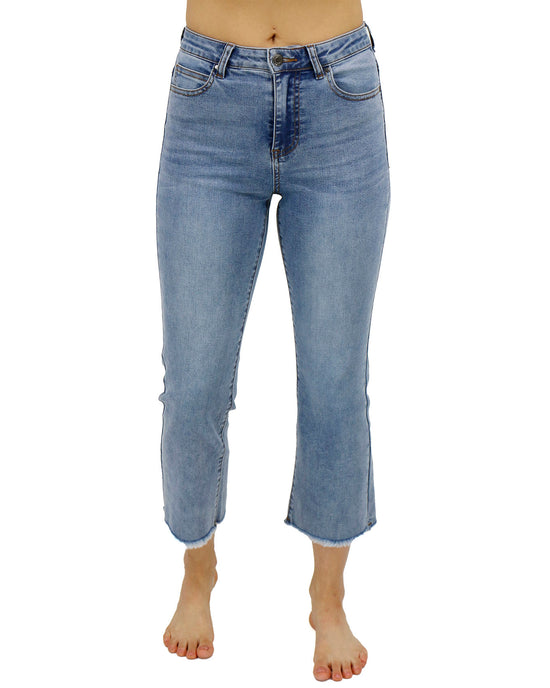 Mica Denim Medium Wash Stretchy Crop Flare Jeans