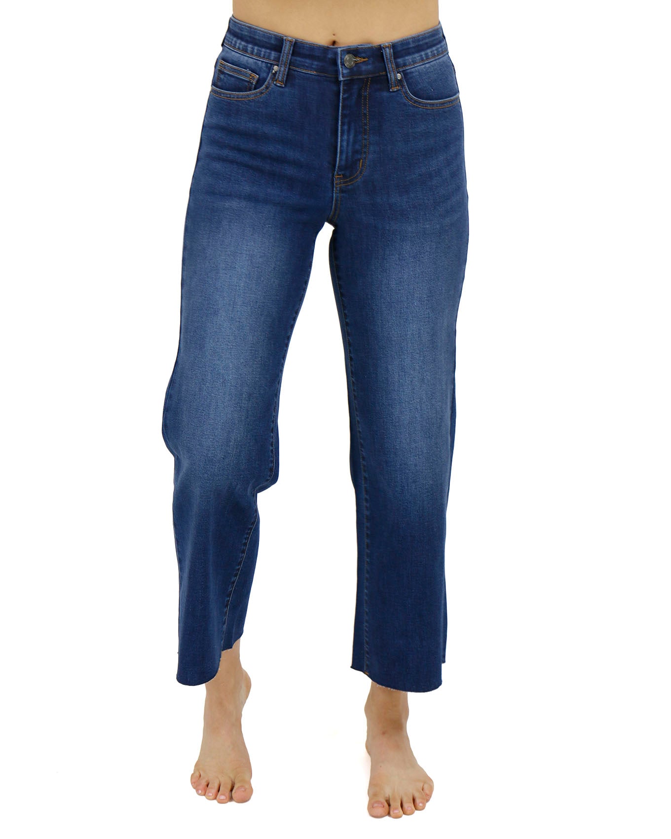 Front stock shot of Medium Dark Wash Cropped Wide Leg Waist Shaper Jeans