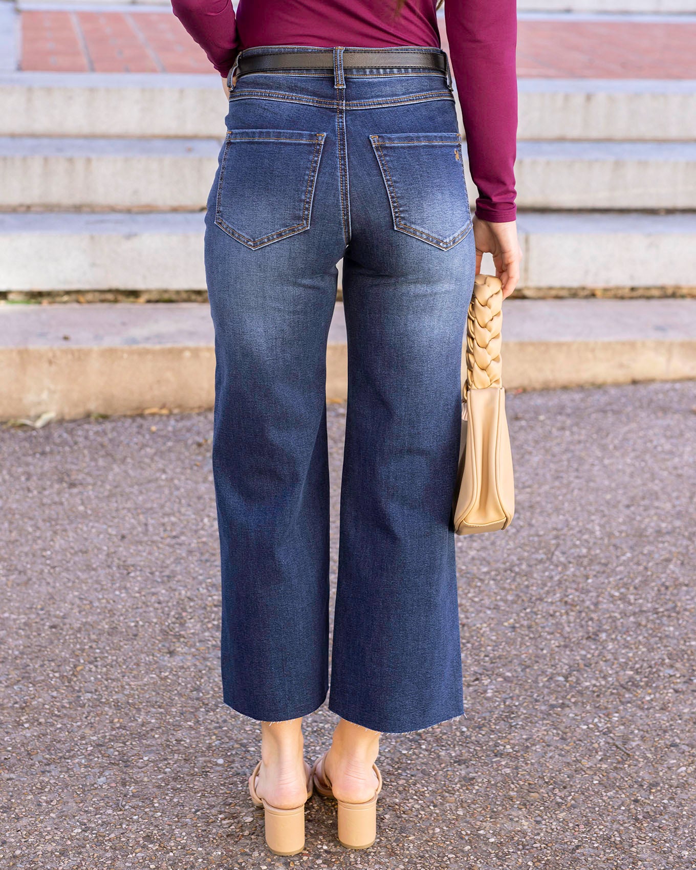 Back view of Medium Dark Wash Cropped Wide Leg Waist Shaper Jeans