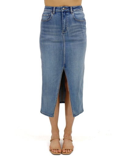 Front stock shot of Mid Wash Denim Midi Skirt