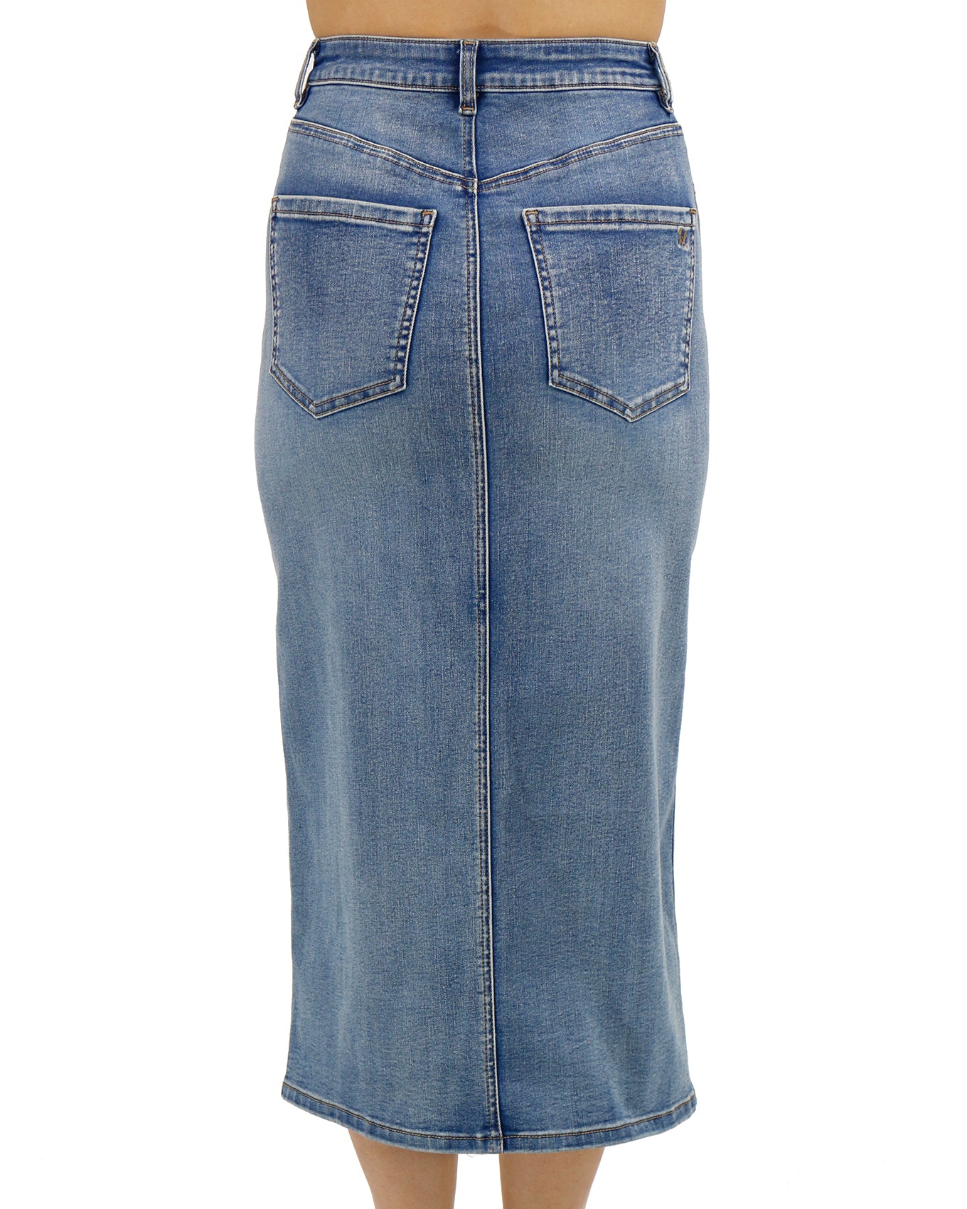 Back stock shot of Mid Wash Denim Midi Skirt