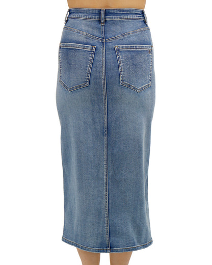 Back stock shot of Mid Wash Denim Midi Skirt