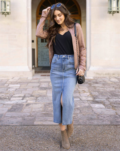 Styled view of Mid Wash Denim Midi Skirt