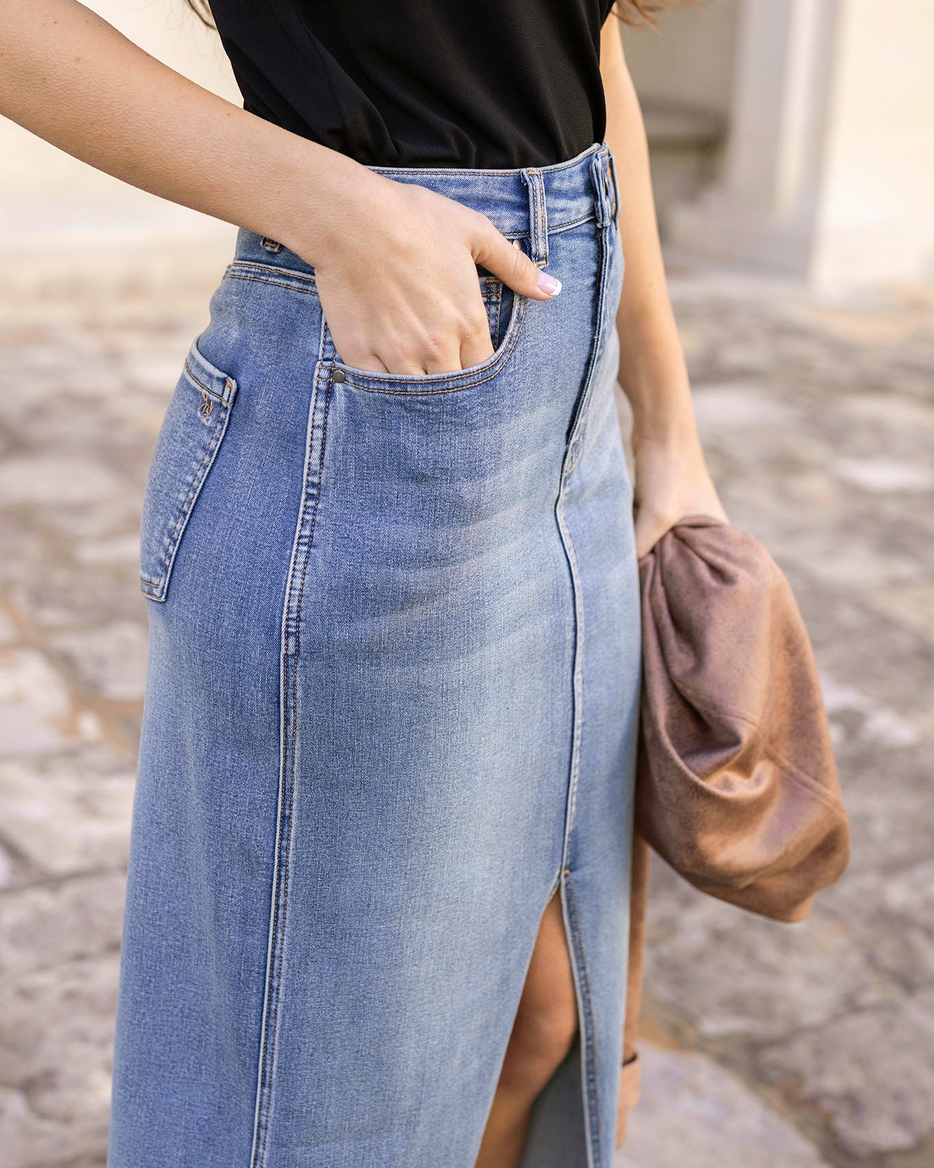 Side view of Mid Wash Denim Midi Skirt