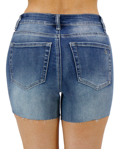 Back view of Vintage Mid-Wash Distressed Stretch Denim Shorts