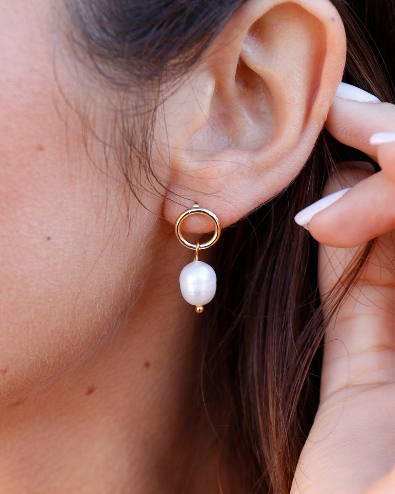 Front view of Gold Drop Pearl Earrings