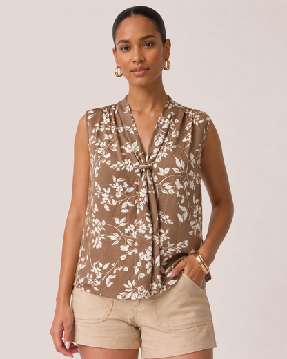 Easy Elegance Floral Sleeveless Top Untucked front view on model in khaki linen shorts