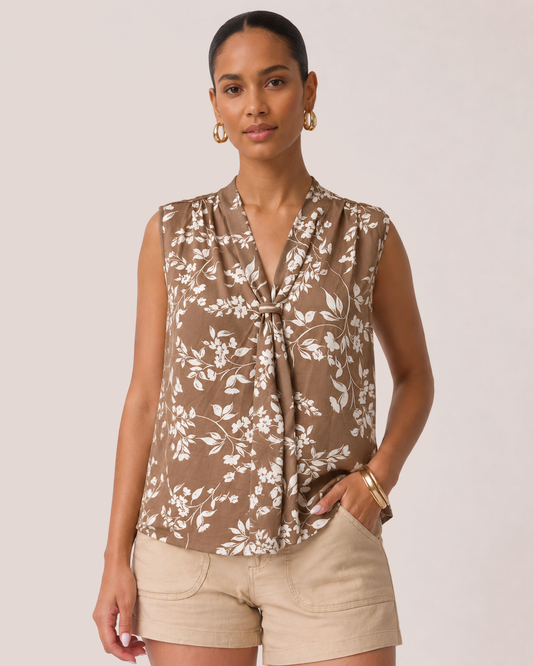 Easy Elegance Floral Sleeveless Top Untucked front view on model in khaki linen shorts