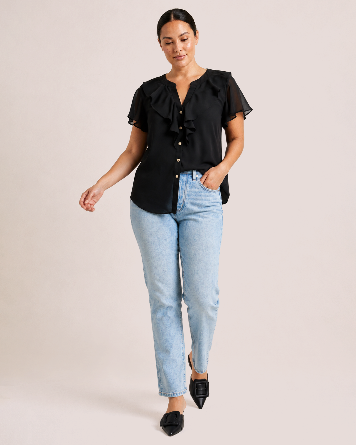 Elegant Easy Button Blouse in Black full model view