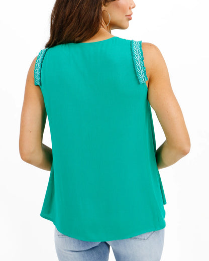 Embroidered Green Gardens Sleeveless Top