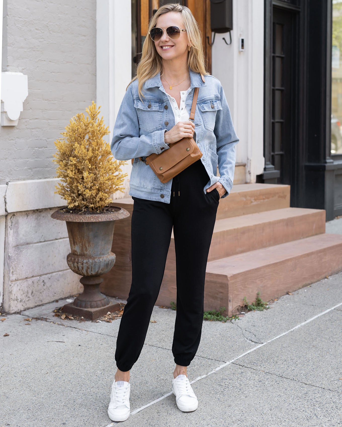 full body view of soft black sweatpants