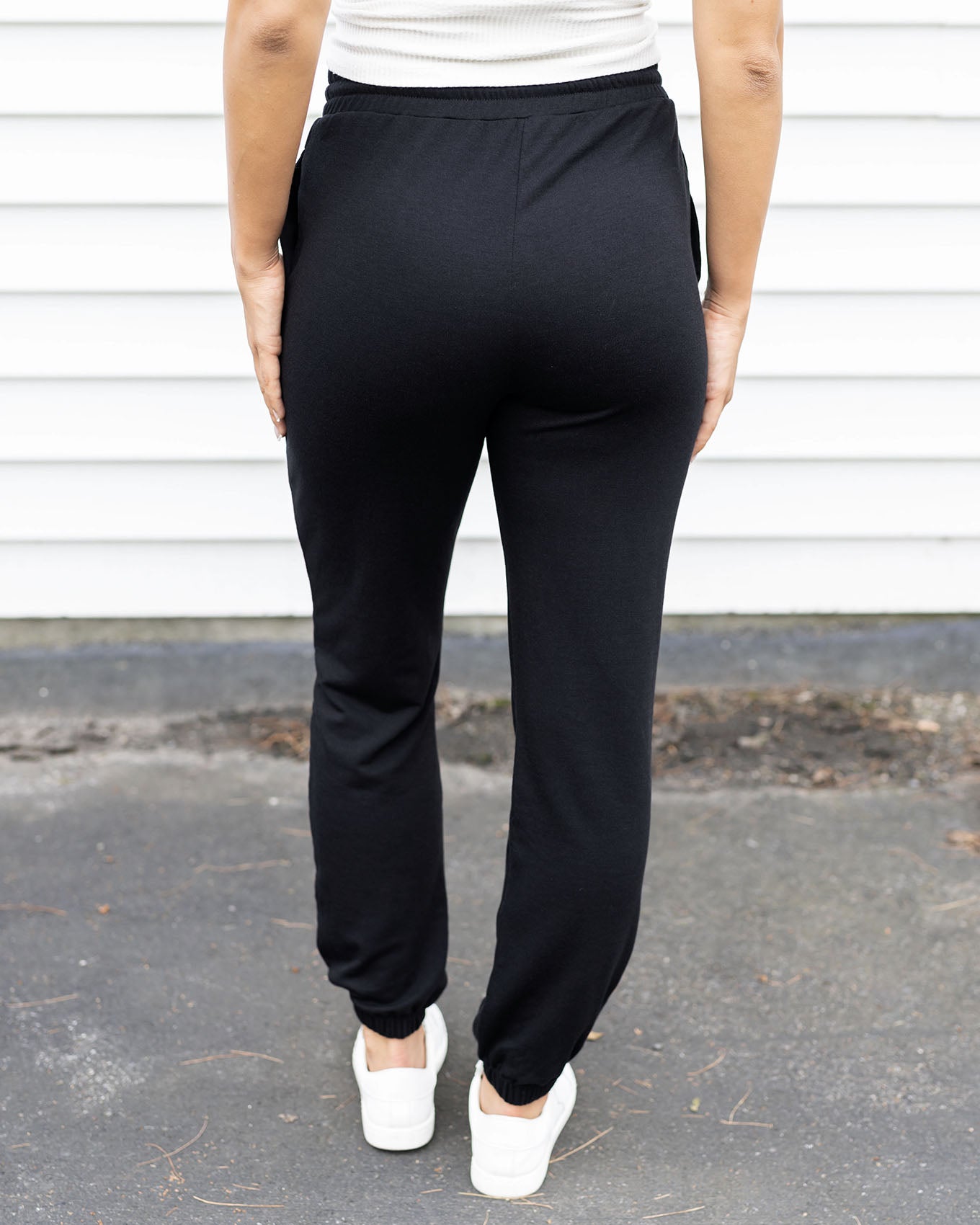 back view of soft black sweatpants